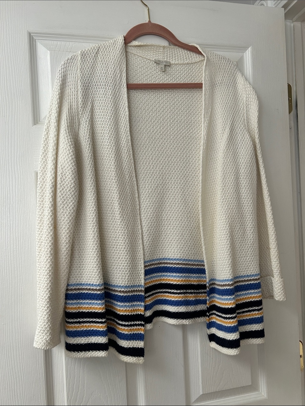 Talbots Cream Open-Front Cardigan with Blue, Black and Gold Stripes size M. Peti